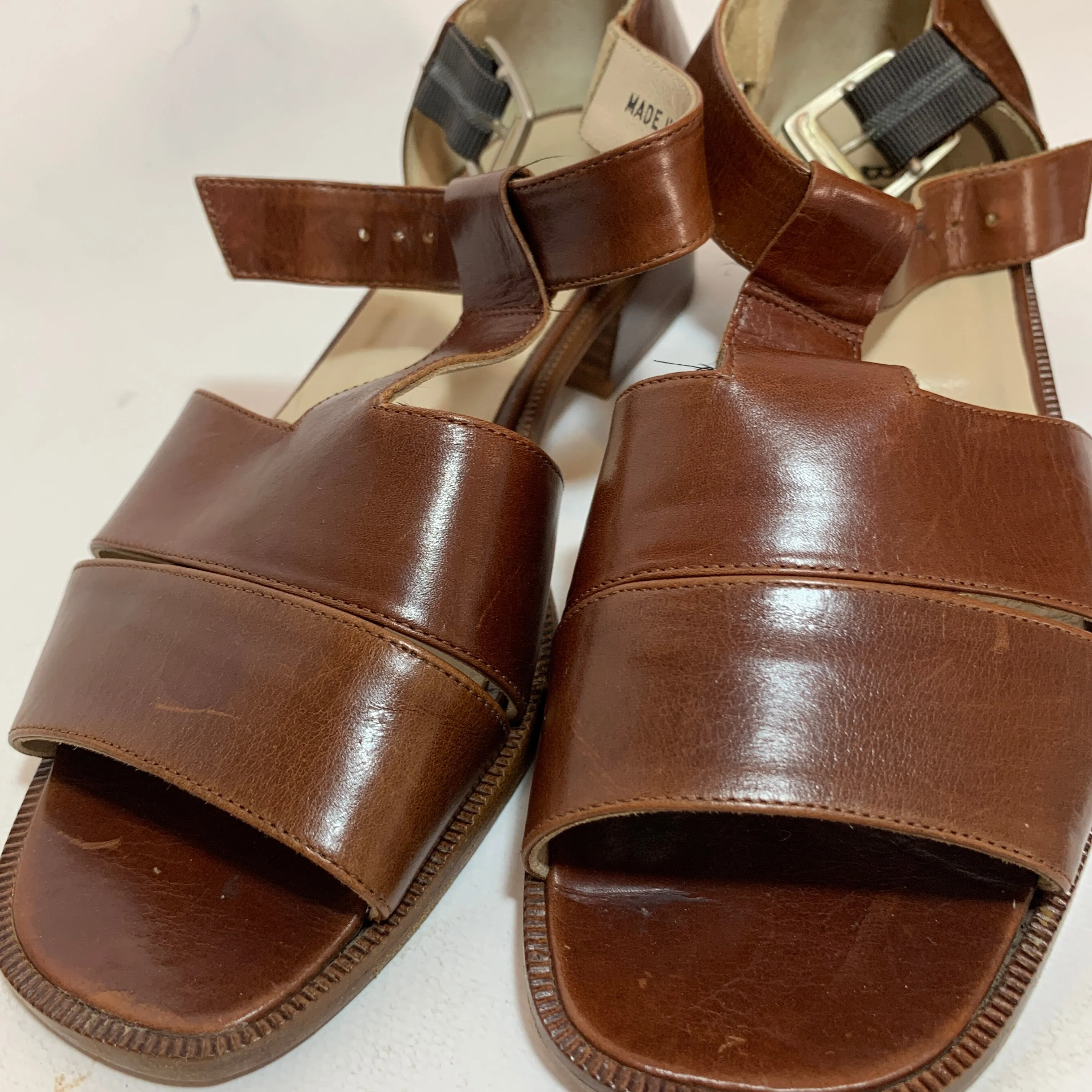 Bally Dark Brown Tan Leather Block Heeled Sandals | Pre Loved |