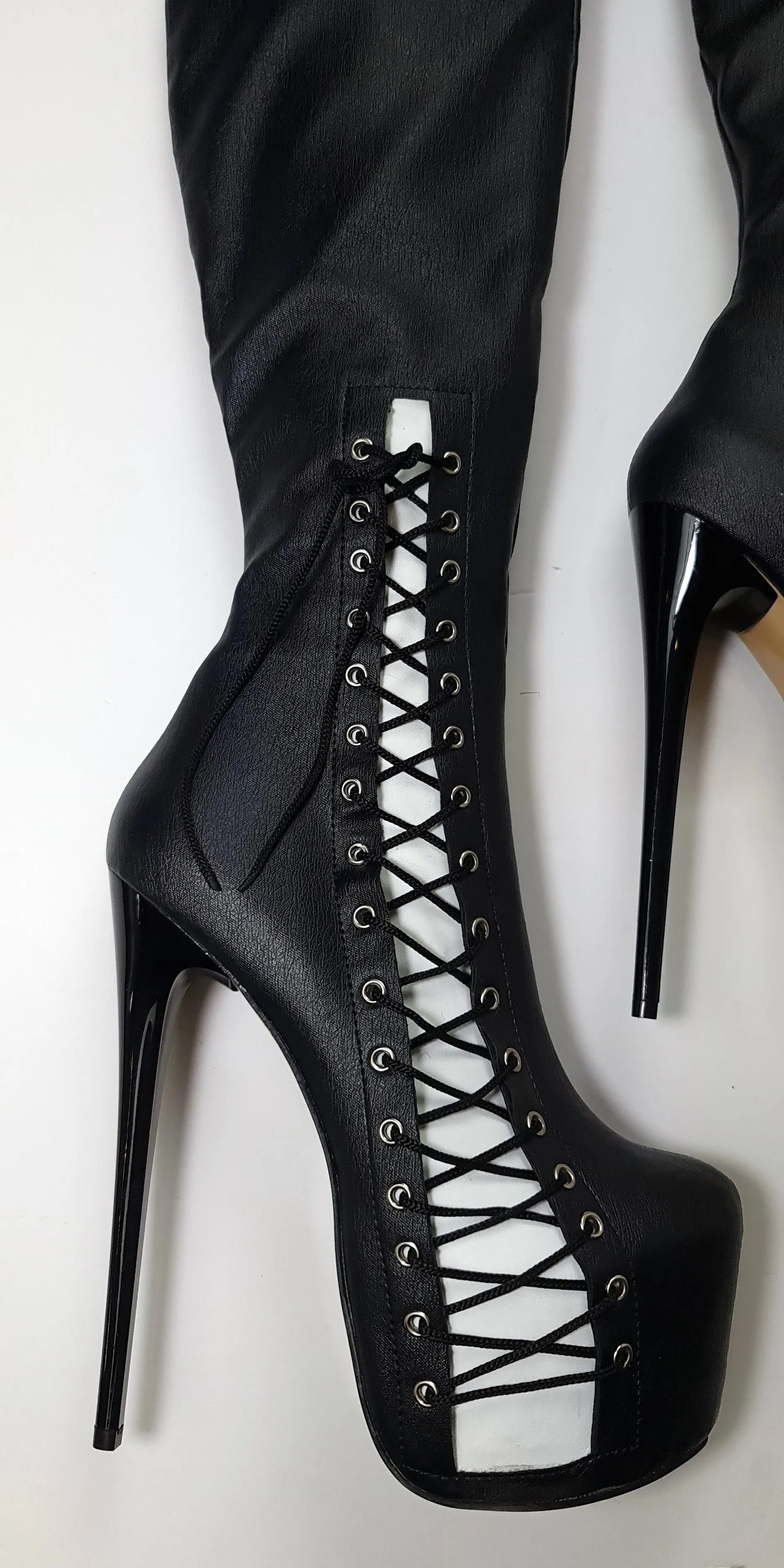 Black Matte White Corset Detail Over Knee Boots