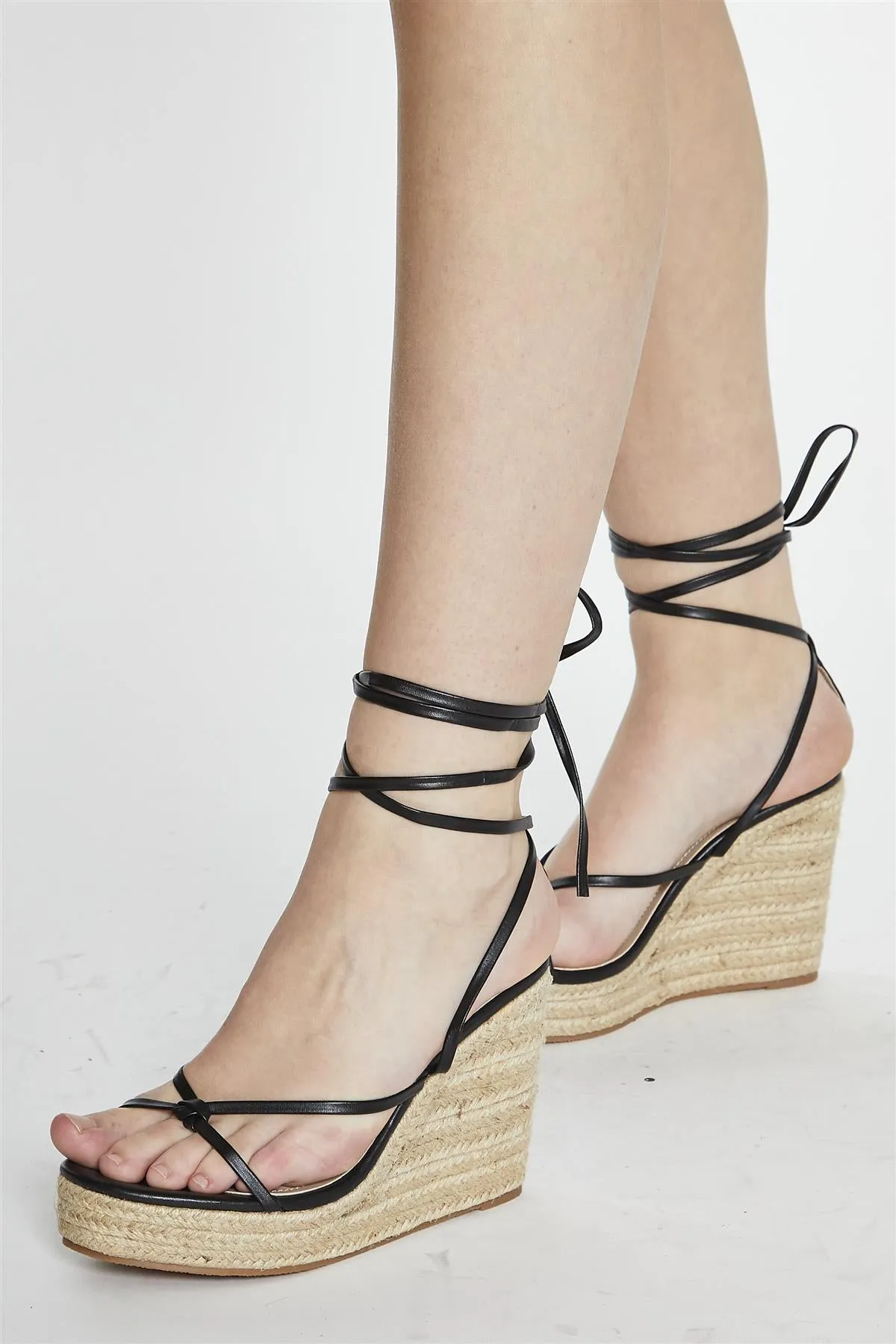 Black Thin Lace Up Heeled Wedges