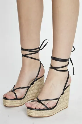 Black Thin Lace Up Heeled Wedges