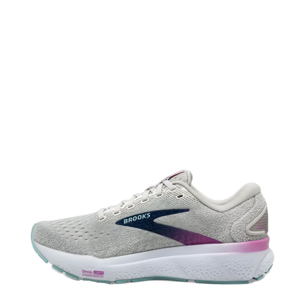 Brooks Women's Ghost 16 Sneaker in White/Grey/Estate Blue