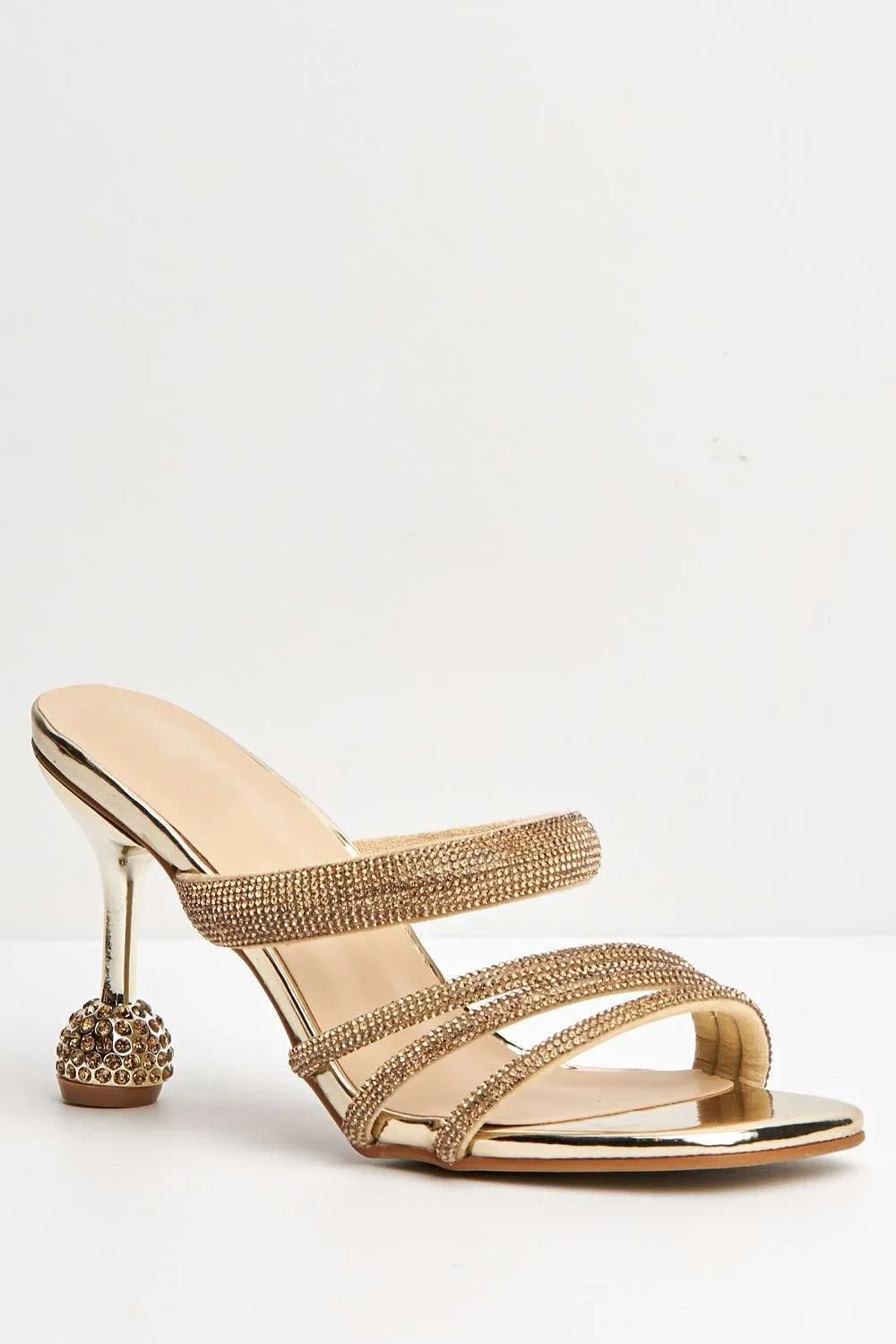 Gabriella Diamante Embellished Heeled Mules in Gold