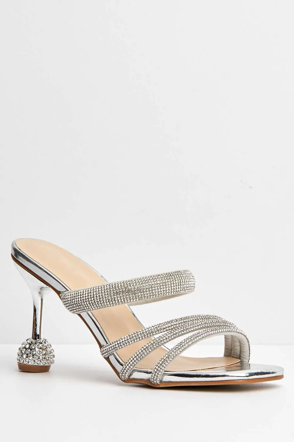 Gabriella Diamante Embellished Heeled Mules in Silver