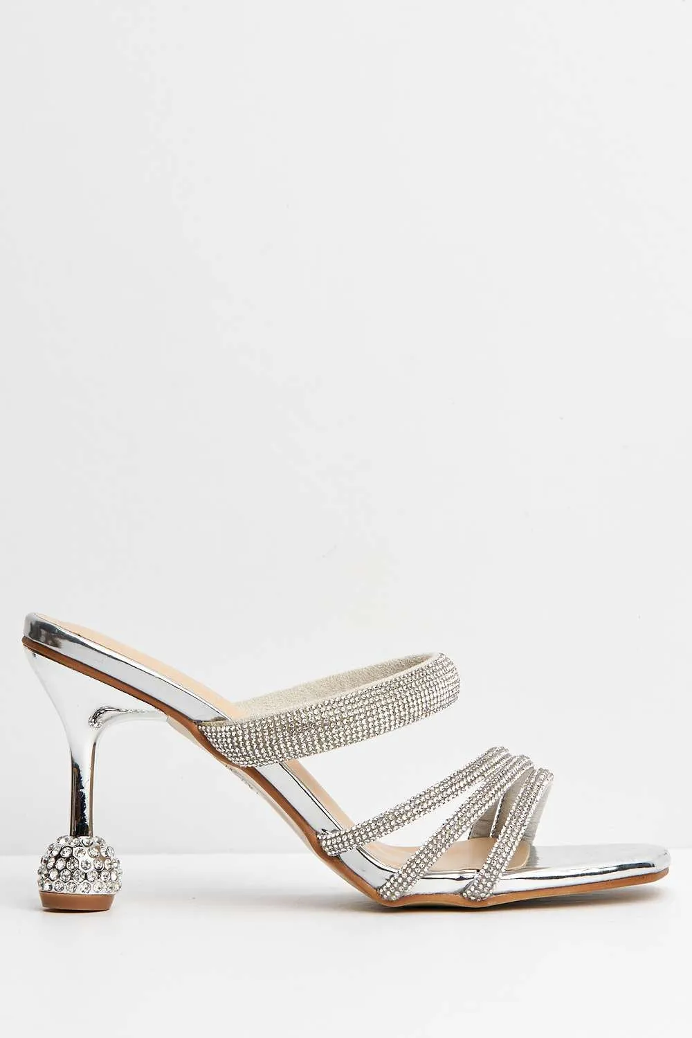 Gabriella Diamante Embellished Heeled Mules in Silver