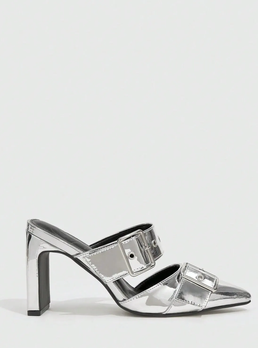 Silver Buckle Chunky High Heeled Mules